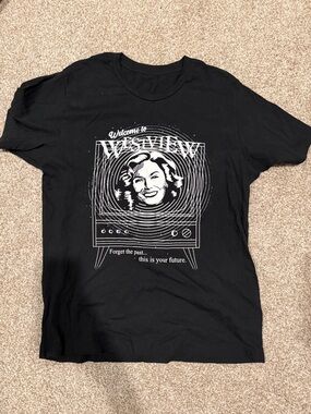 Black Graphic Tee with White Retro TV Portrait Wanda Vision
